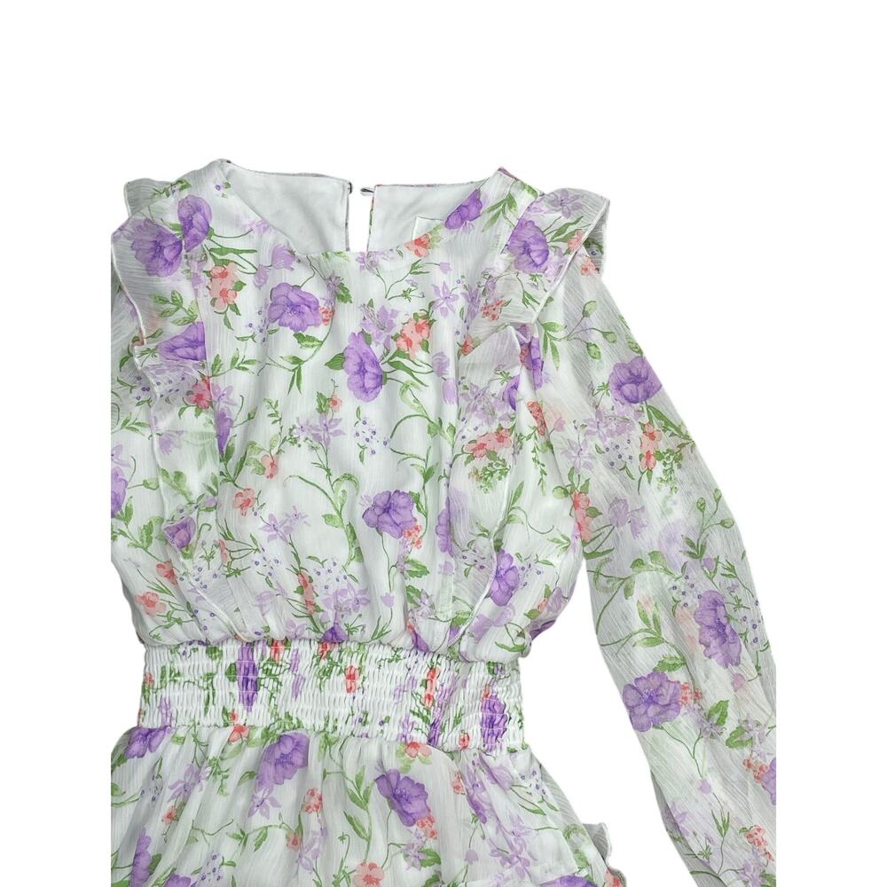 Rare Editions Big Girl's Floral Smocked Ruffle Long Sleeve Midi Flare Dress 12 - Picture 2 of 6